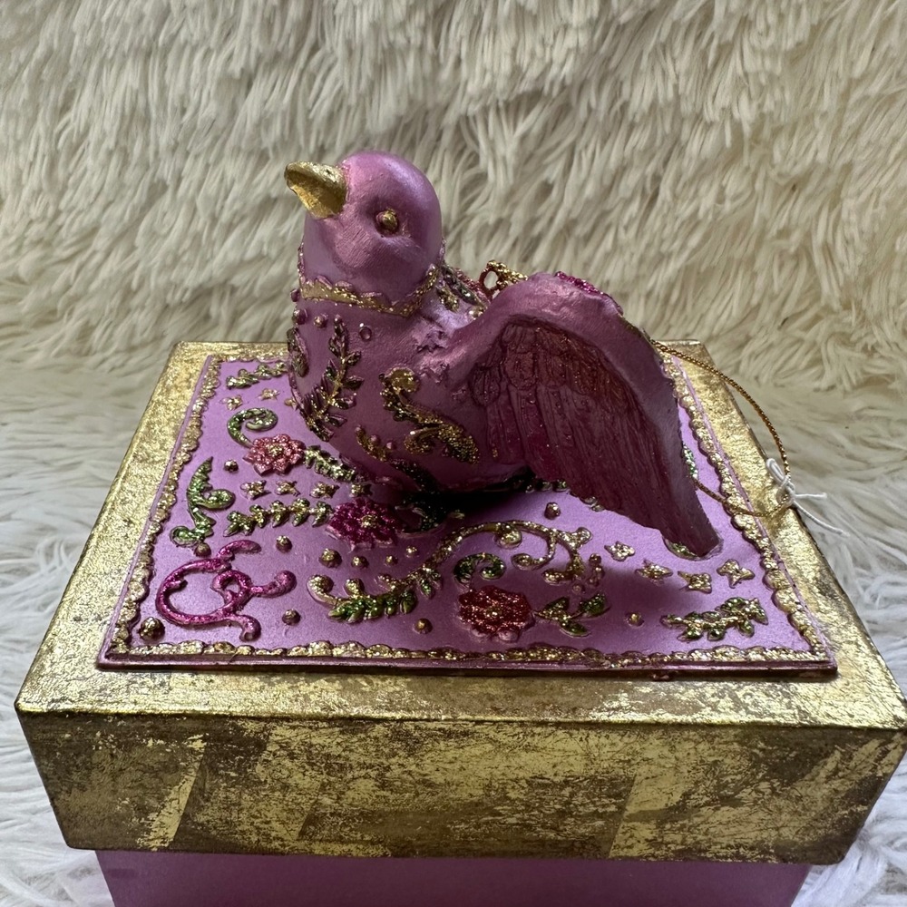 Papyrus Metallic Berry Bird Flying Ornament Painted Resin - New in Box